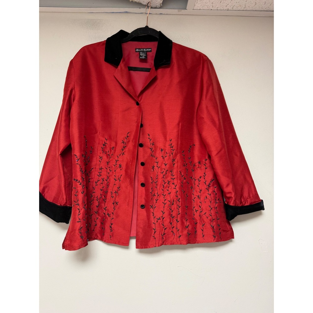 Alexandra Bartlett Silk Jacket Women Medium Red Excellent Beaded Velvet Trim